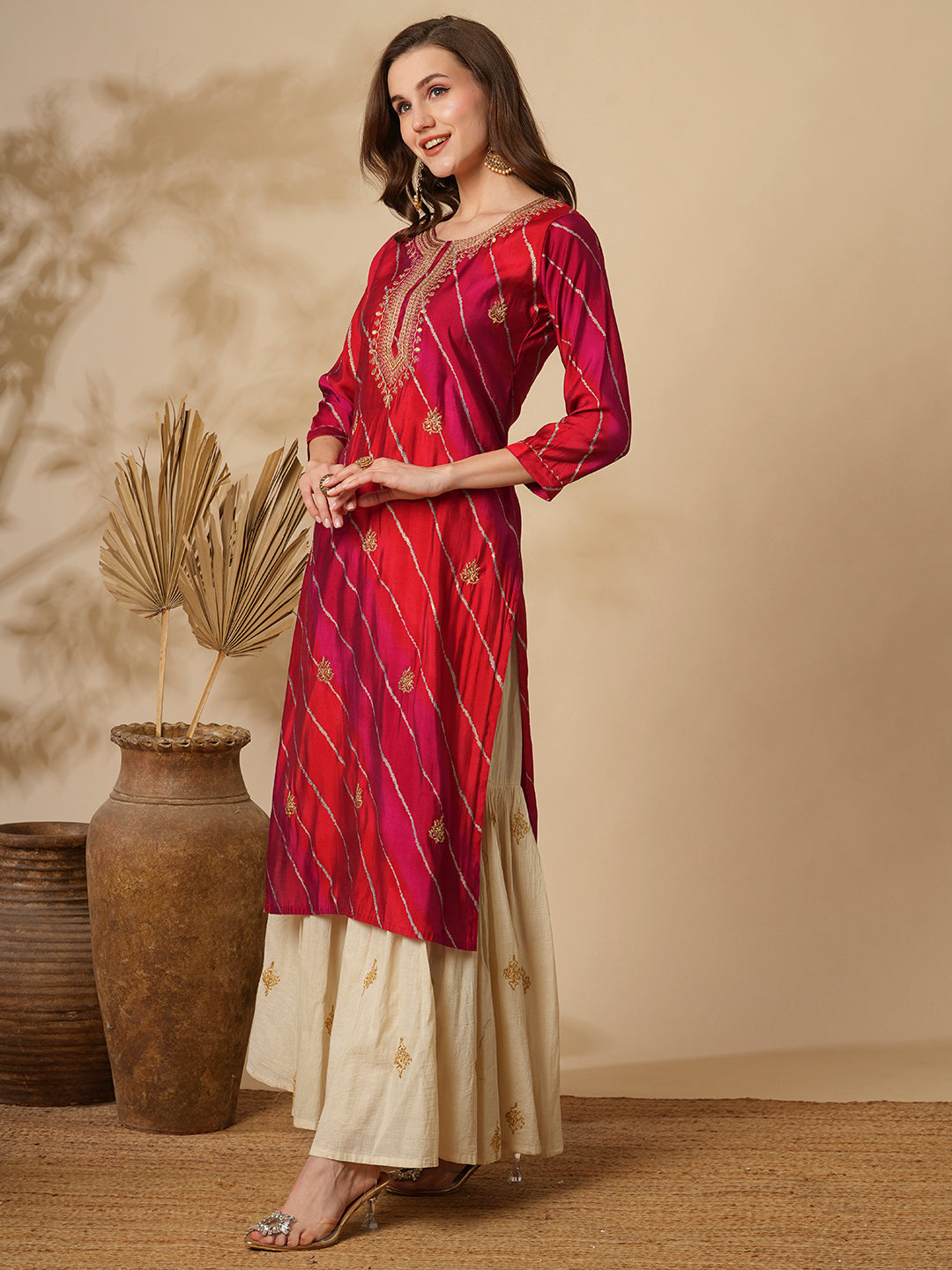 Ethnic Leheriya Printed & Embroidered Straight Fit Kurta - Multi