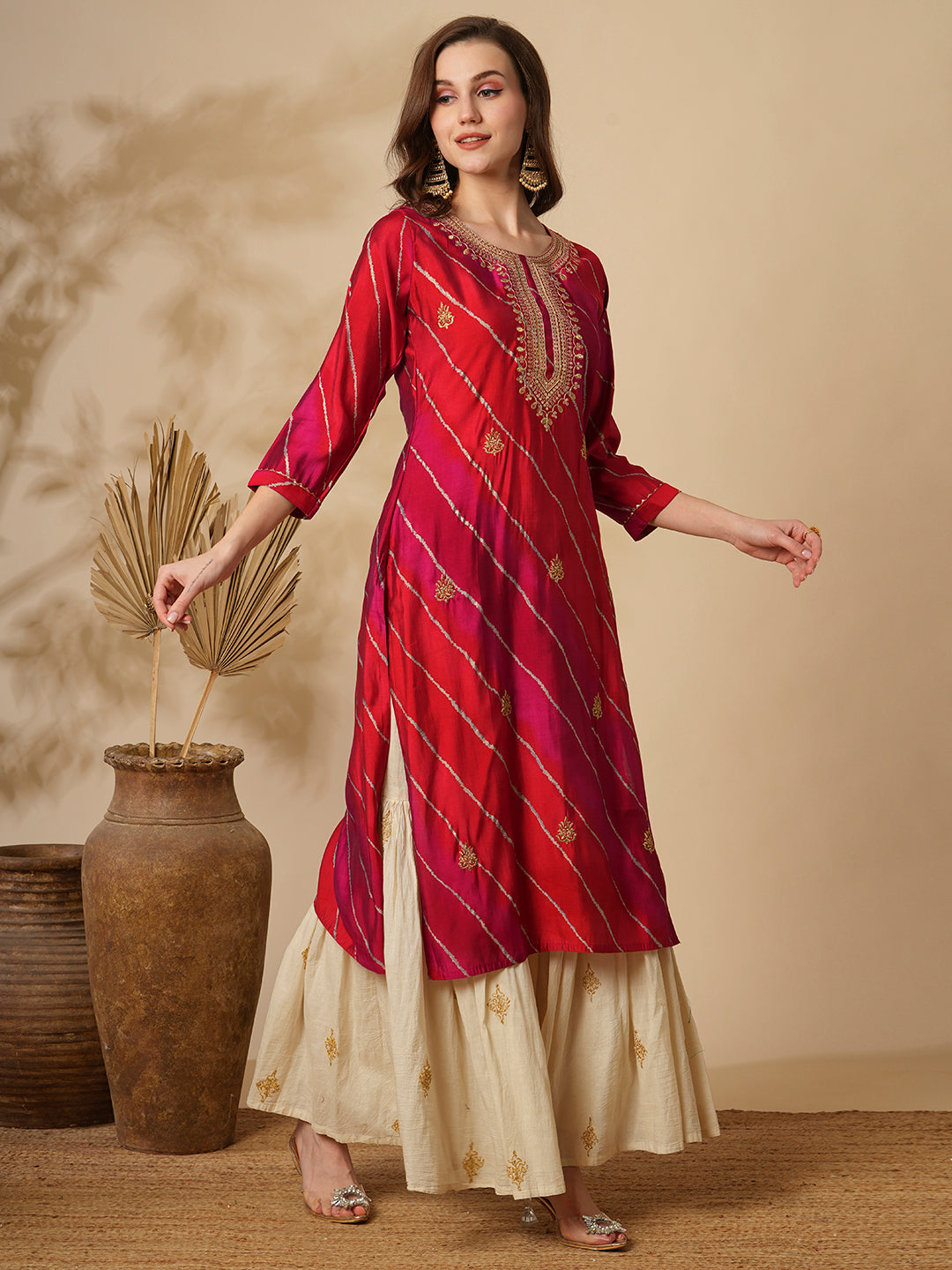 Ethnic Leheriya Printed & Embroidered Straight Fit Kurta - Multi