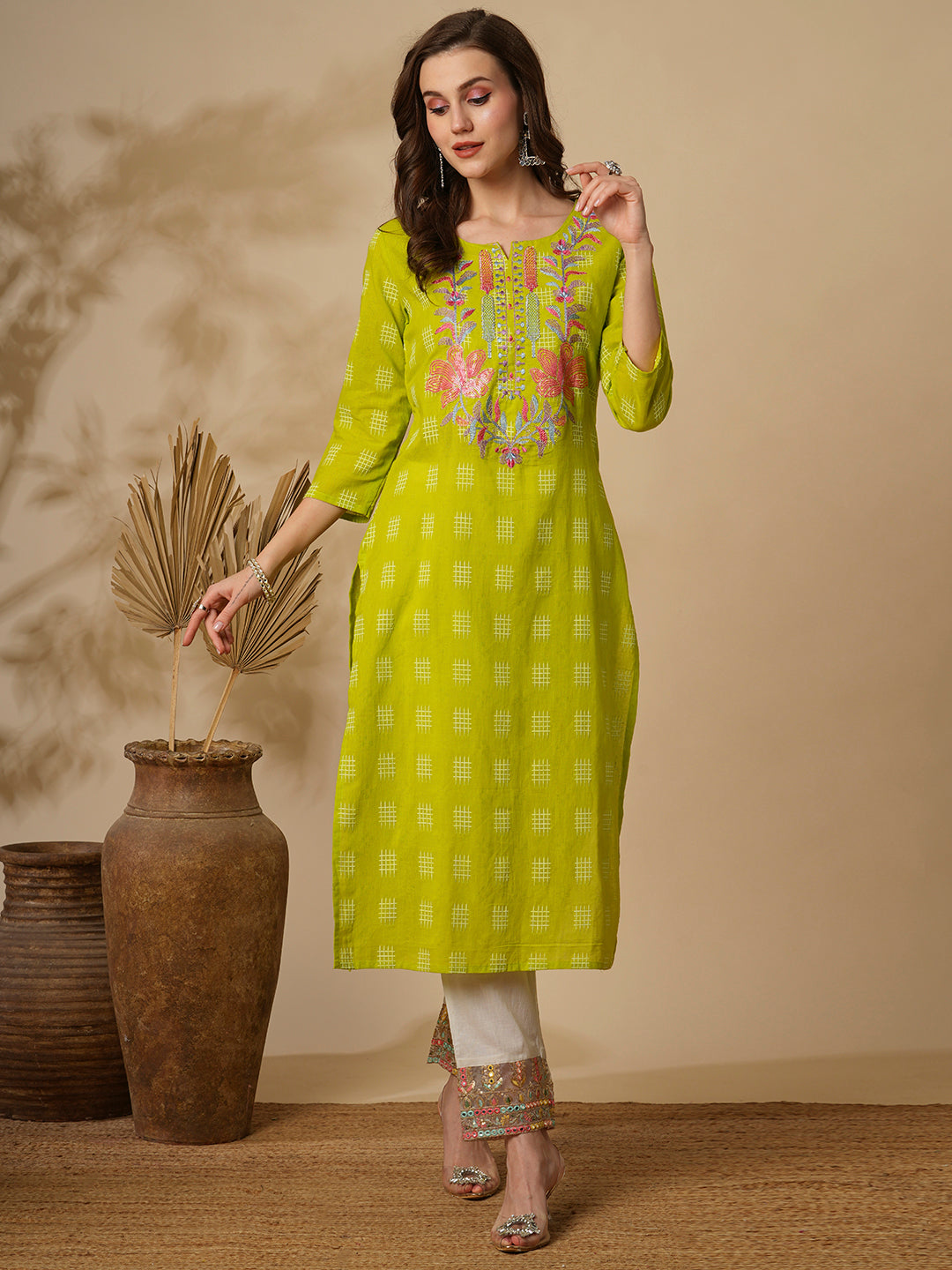 Checks Woven & Floral Embroidered Straight Fit Kurta - Lime Green