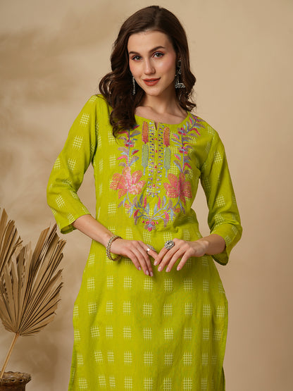 Checks Woven & Floral Embroidered Straight Fit Kurta - Lime Green