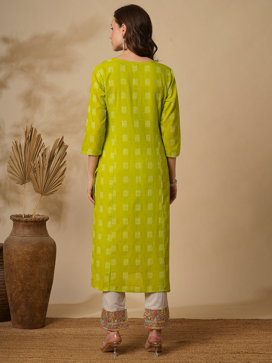 Checks Woven & Floral Embroidered Straight Fit Kurta - Lime Green