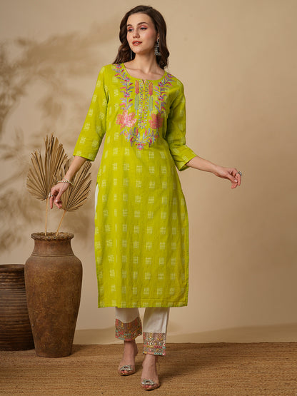 Checks Woven & Floral Embroidered Straight Fit Kurta - Lime Green