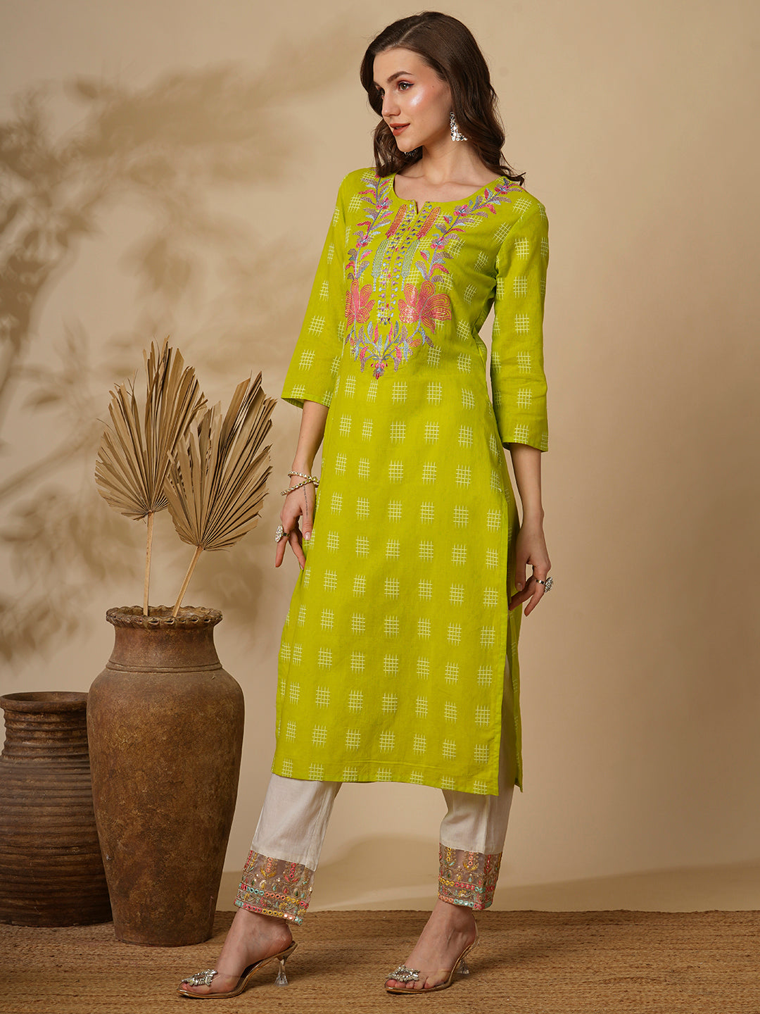 Checks Woven & Floral Embroidered Straight Fit Kurta - Lime Green