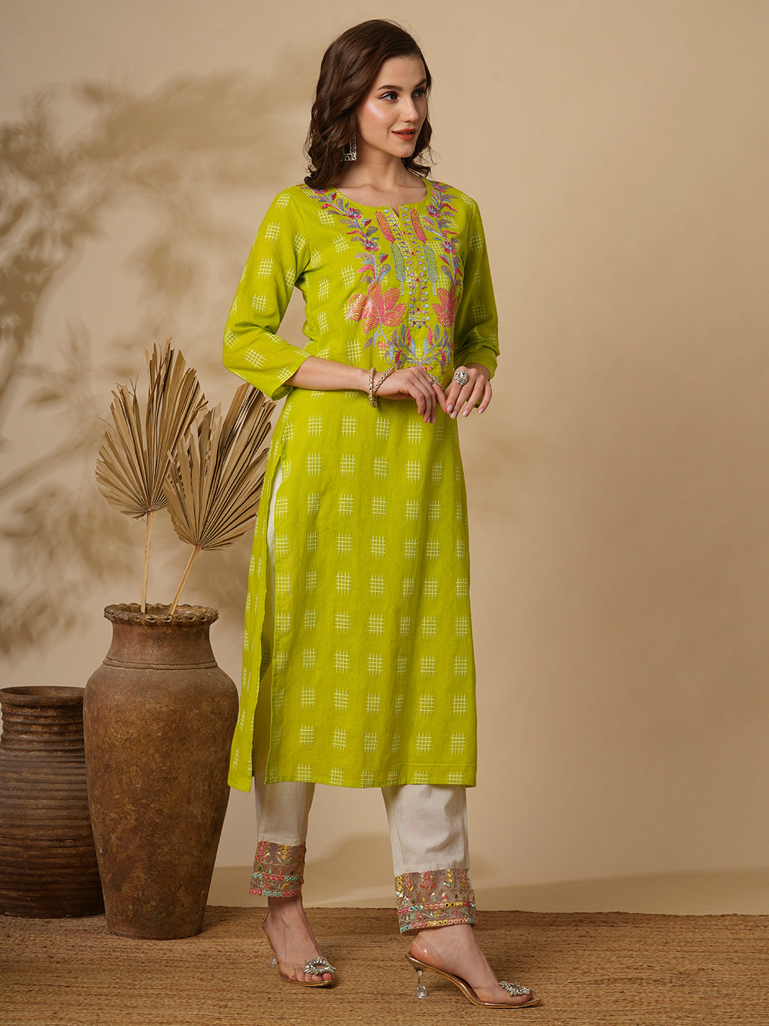 Checks Woven & Floral Embroidered Straight Fit Kurta - Lime Green