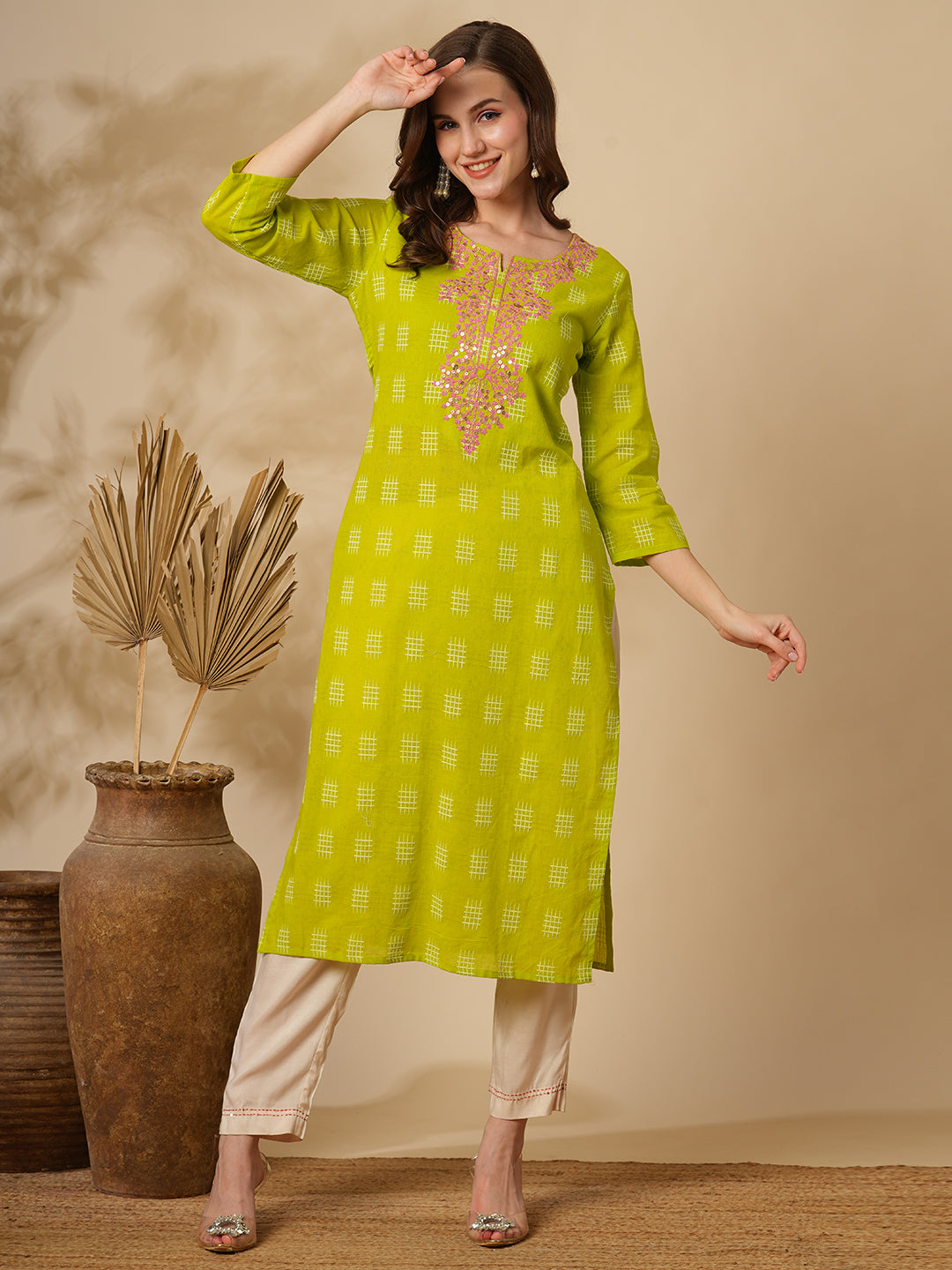 Solid Ethnic Floral Embroidered Straight Fit Kurta - Lime Green