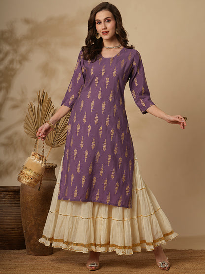 Ethnic Foil Floral Buti Printed Straight Fit Kurta - Lavender