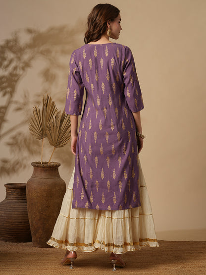 Ethnic Foil Floral Buti Printed Straight Fit Kurta - Lavender