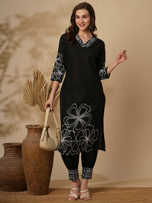 Solid Abstract Floral Embroidered Straight Fit Kurta with Balloon Pant - Black