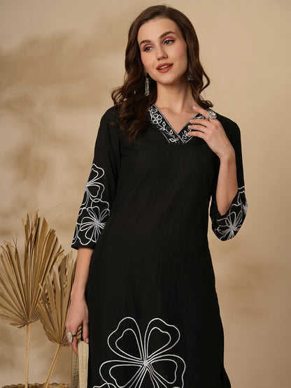 Solid Abstract Floral Embroidered Straight Fit Kurta with Balloon Pant - Black