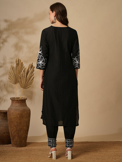 Solid Abstract Floral Embroidered Straight Fit Kurta with Balloon Pant - Black