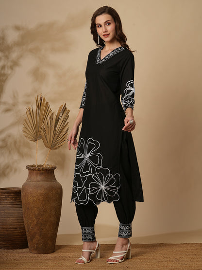 Solid Abstract Floral Embroidered Straight Fit Kurta with Balloon Pant - Black