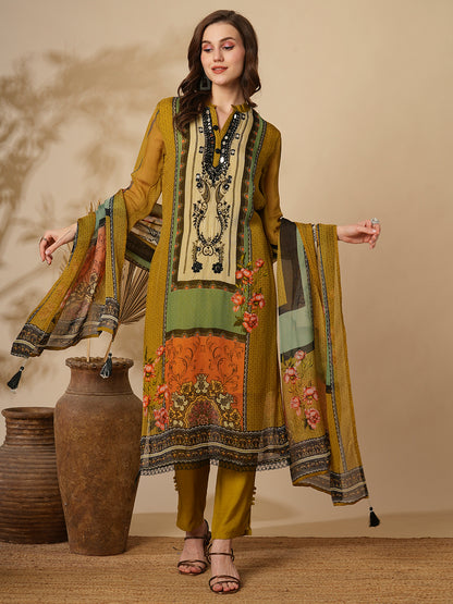 Ethnic Stripes Printed & Embroidered Straight Kurta with Pant & Dupatta - Multi