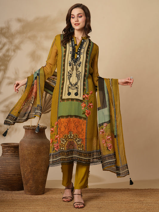 Ethnic Stripes Printed & Embroidered Straight Kurta with Pant & Dupatta - Multi