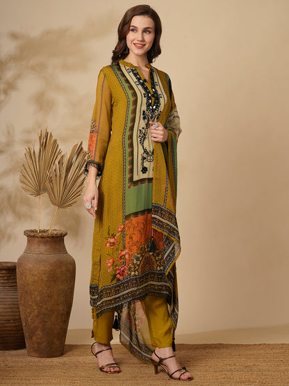 Ethnic Stripes Printed & Embroidered Straight Kurta with Pant & Dupatta - Multi