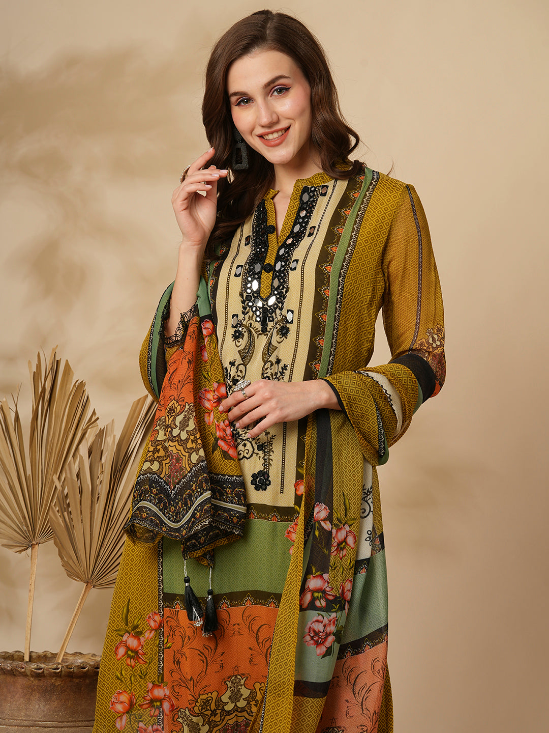 Ethnic Stripes Printed & Embroidered Straight Kurta with Pant & Dupatta - Multi