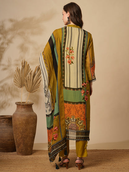 Ethnic Stripes Printed & Embroidered Straight Kurta with Pant & Dupatta - Multi