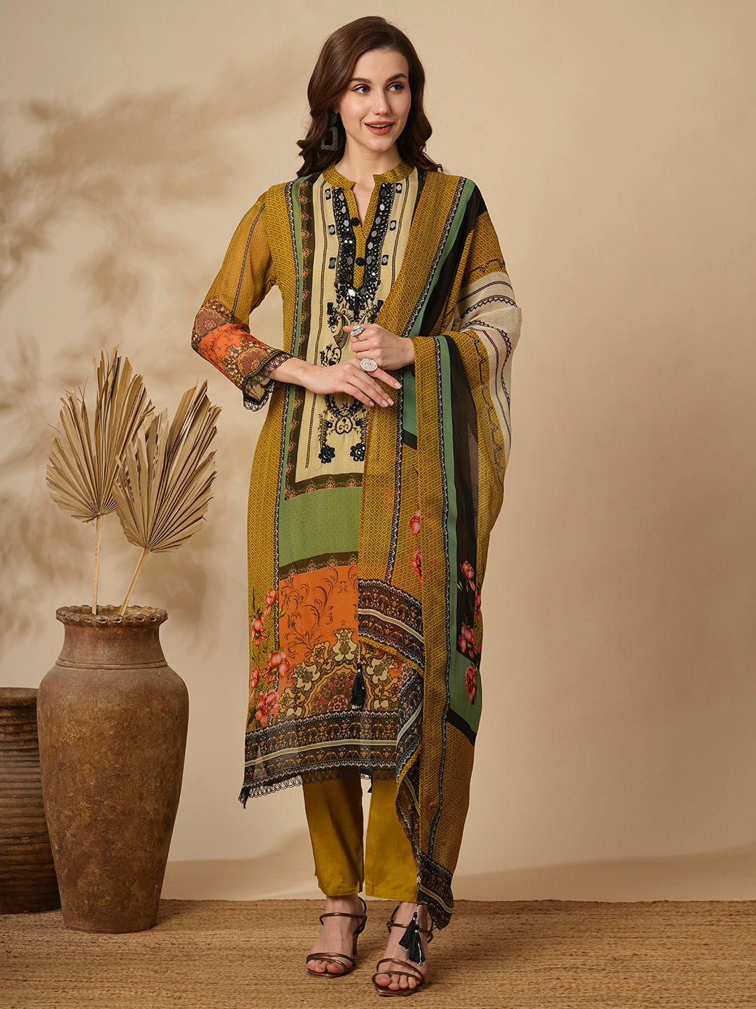 Ethnic Stripes Printed & Embroidered Straight Kurta with Pant & Dupatta - Multi