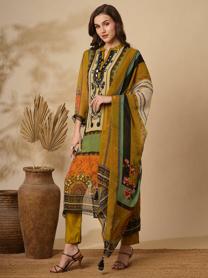 Ethnic Stripes Printed & Embroidered Straight Kurta with Pant & Dupatta - Multi