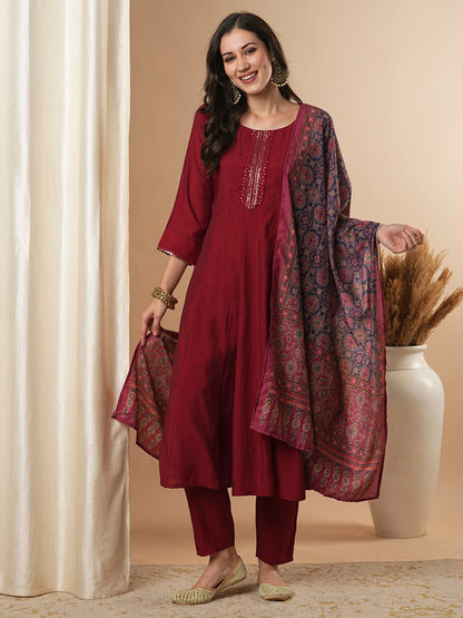 Solid Floral Embroidered Anarkali Kurta with Pant & Dupatta - Maroon