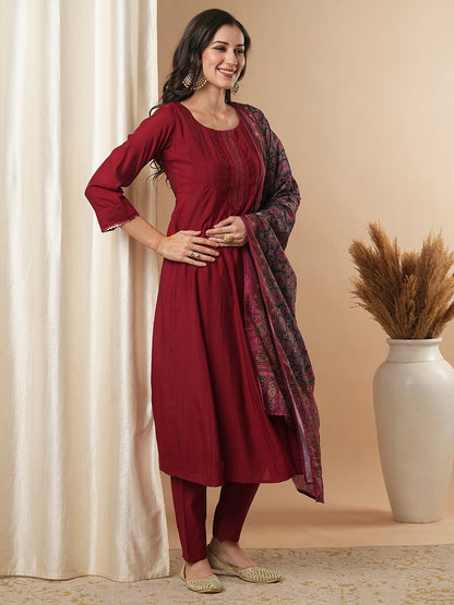 Solid Floral Embroidered Anarkali Kurta with Pant & Dupatta - Maroon