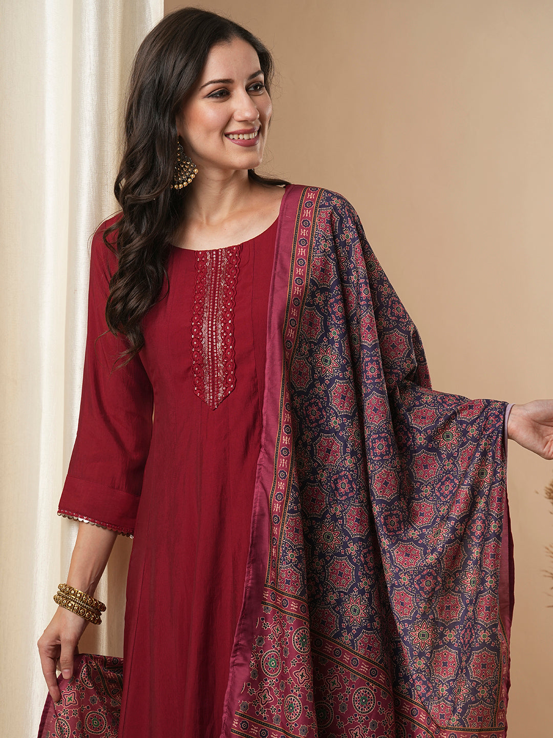 Solid Floral Embroidered Anarkali Kurta with Pant & Dupatta - Maroon