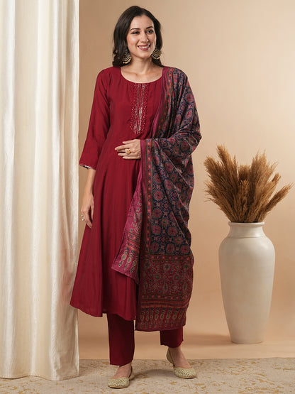 Solid Floral Embroidered Anarkali Kurta with Pant & Dupatta - Maroon