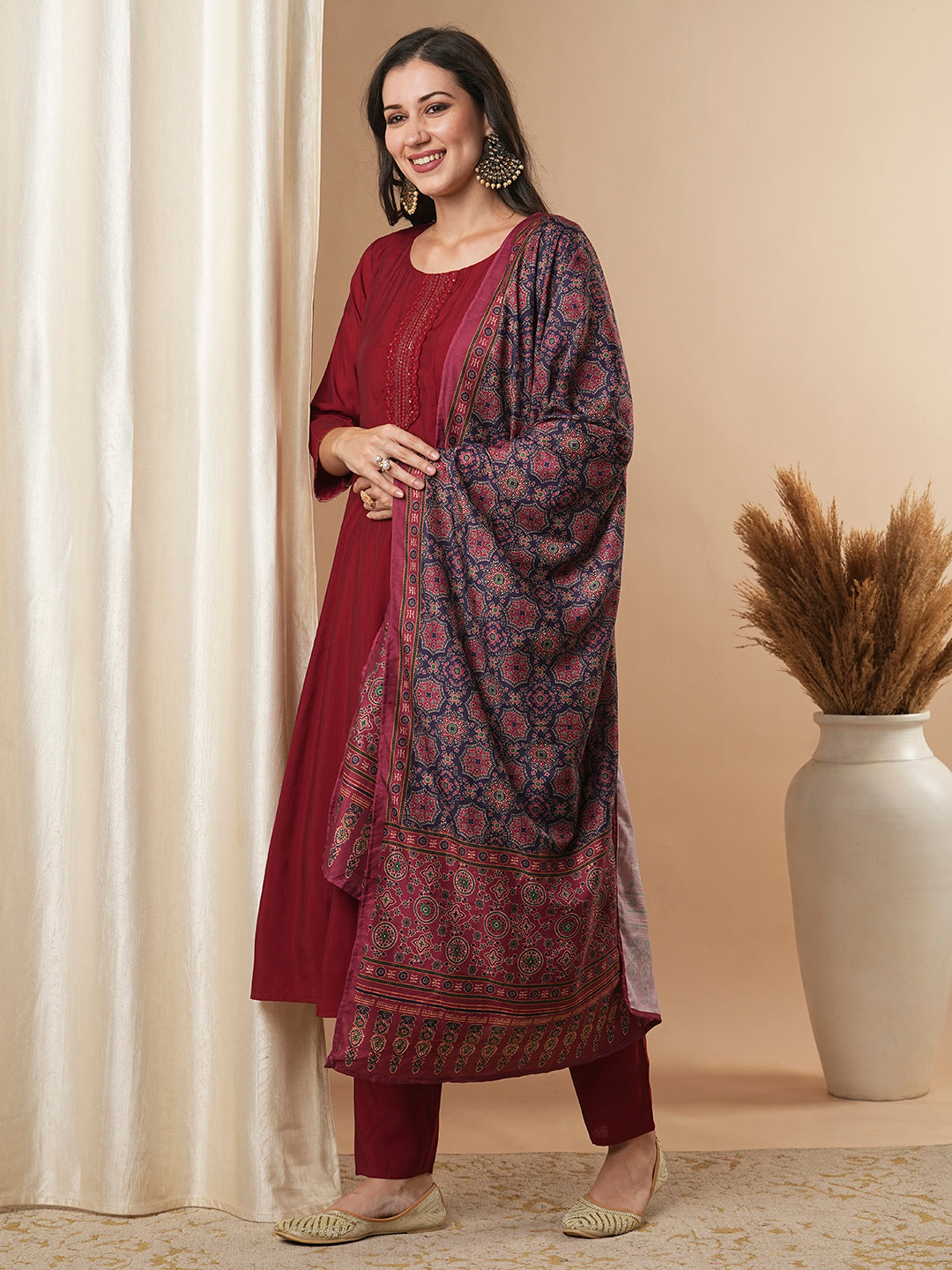 Solid Floral Embroidered Anarkali Kurta with Pant & Dupatta - Maroon