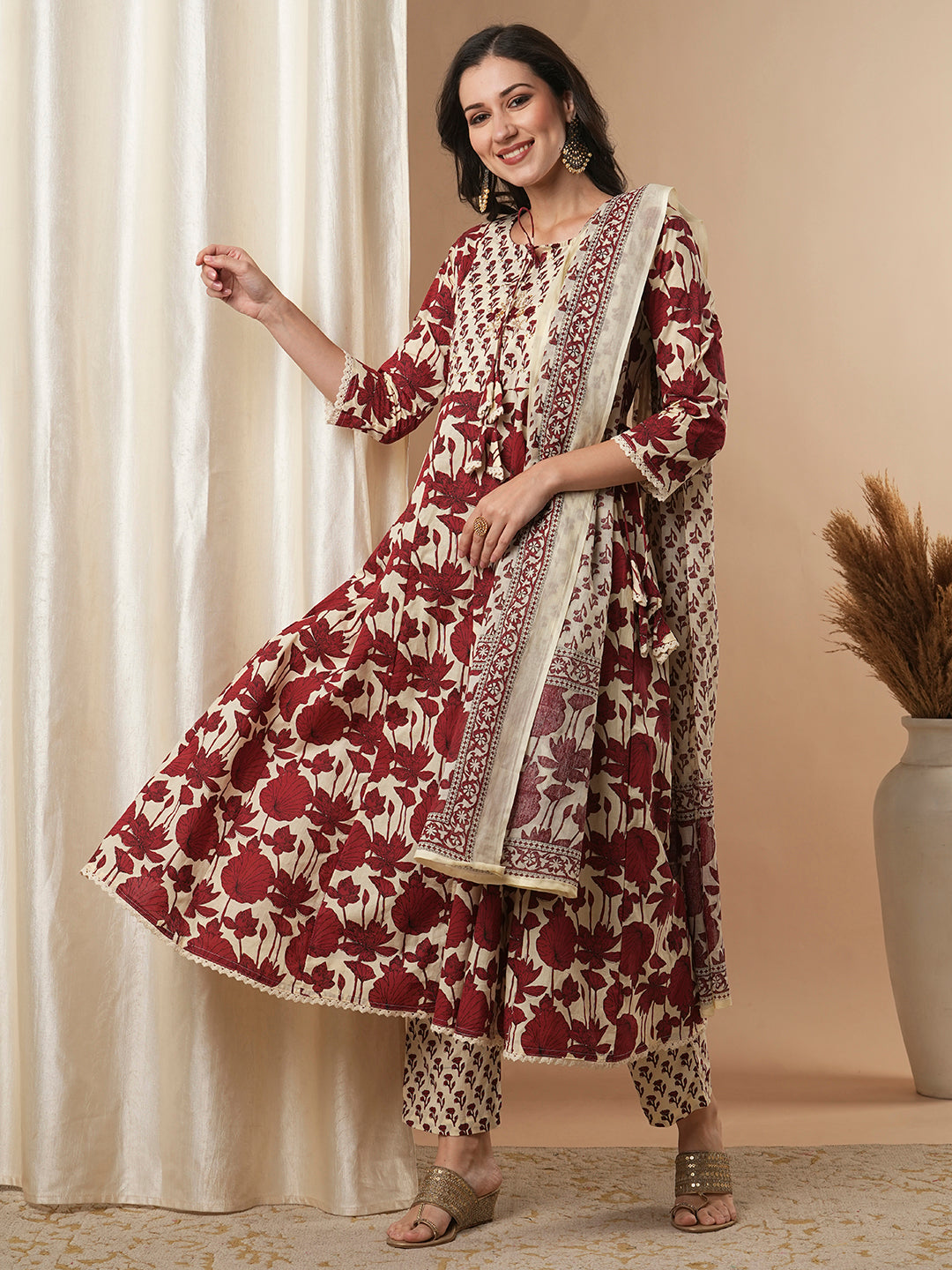 Ethnic Floral Printed & Embroidered Anarkali Kurta with Pant & Dupatta - Multi