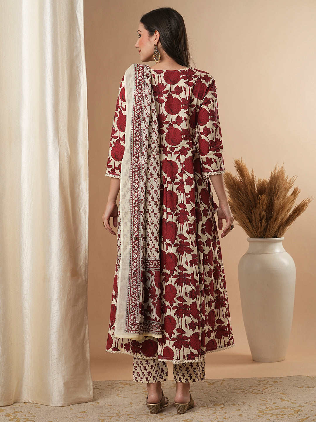 Ethnic Floral Printed & Embroidered Anarkali Kurta with Pant & Dupatta - Multi