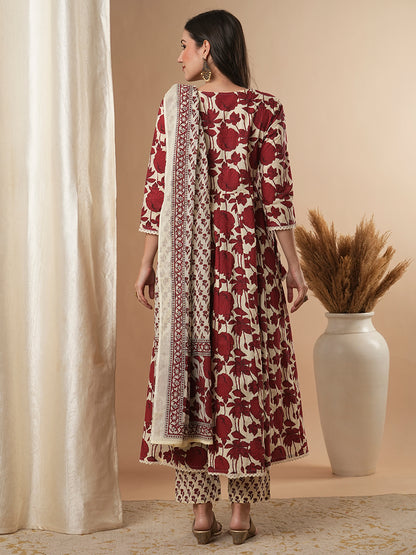 Ethnic Floral Printed & Embroidered Anarkali Kurta with Pant & Dupatta - Multi