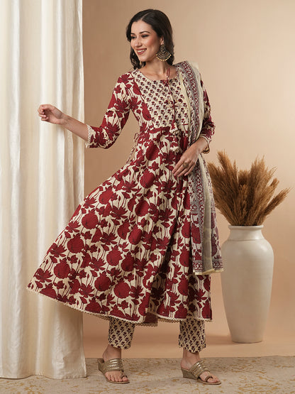 Ethnic Floral Printed & Embroidered Anarkali Kurta with Pant & Dupatta - Multi