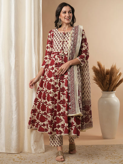 Ethnic Floral Printed & Embroidered Anarkali Kurta with Pant & Dupatta - Multi