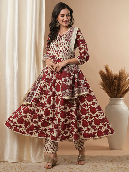 Ethnic Floral Printed & Embroidered Anarkali Kurta with Pant & Dupatta - Multi