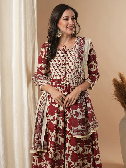 Ethnic Floral Printed & Embroidered Anarkali Kurta with Pant & Dupatta - Multi