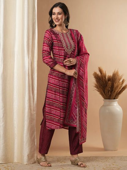 Bandhani Printed & Embroidered Straight Fit Kurta with Pant and Dupatta - Magenta