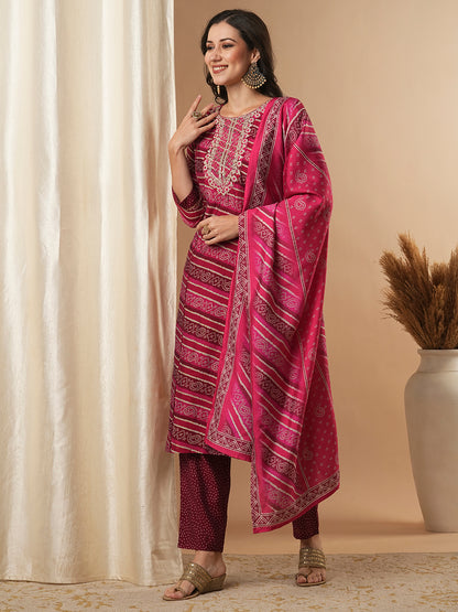 Bandhani Printed & Embroidered Straight Fit Kurta with Pant and Dupatta - Magenta