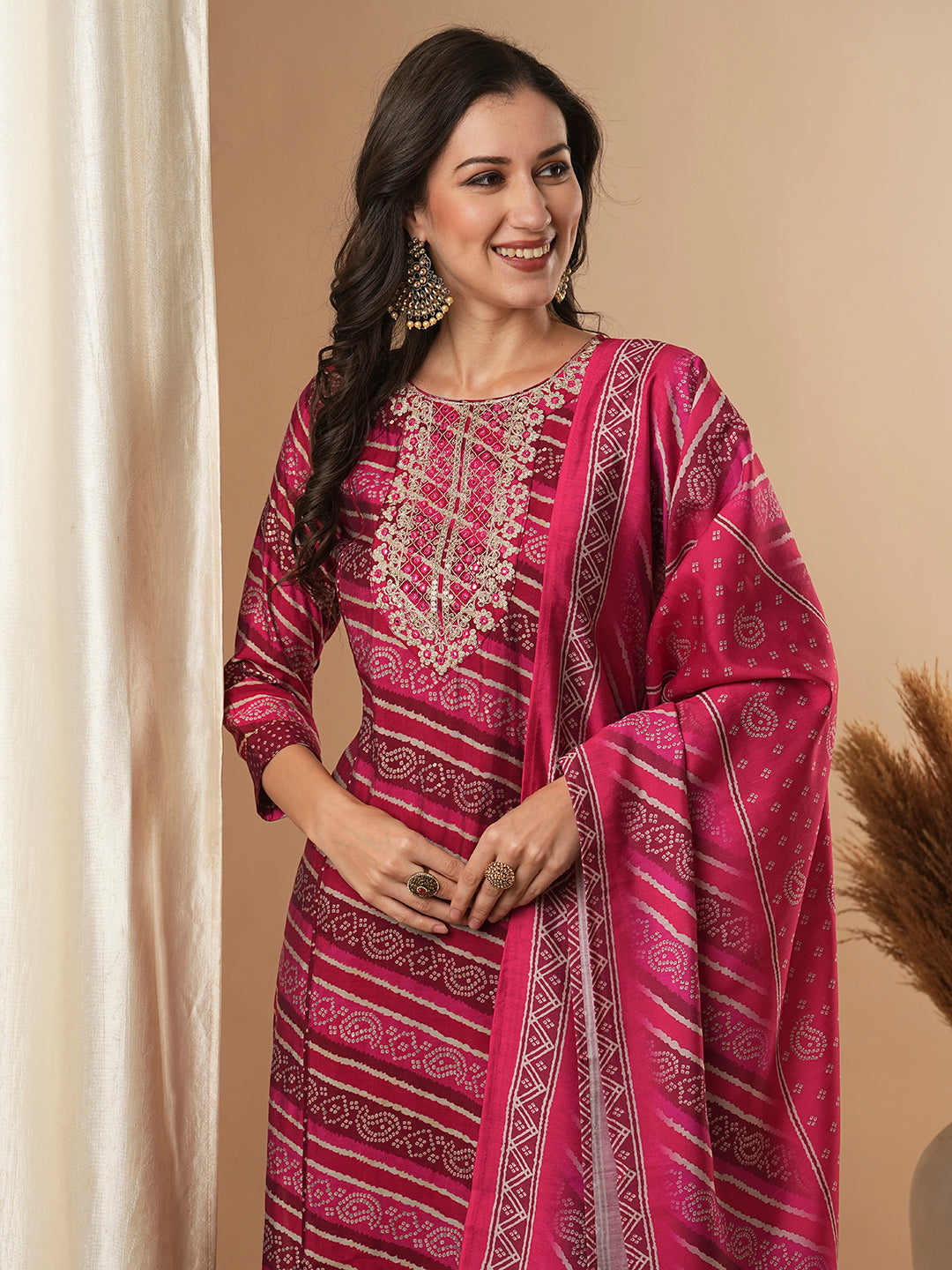 Bandhani Printed & Embroidered Straight Fit Kurta with Pant and Dupatta - Magenta