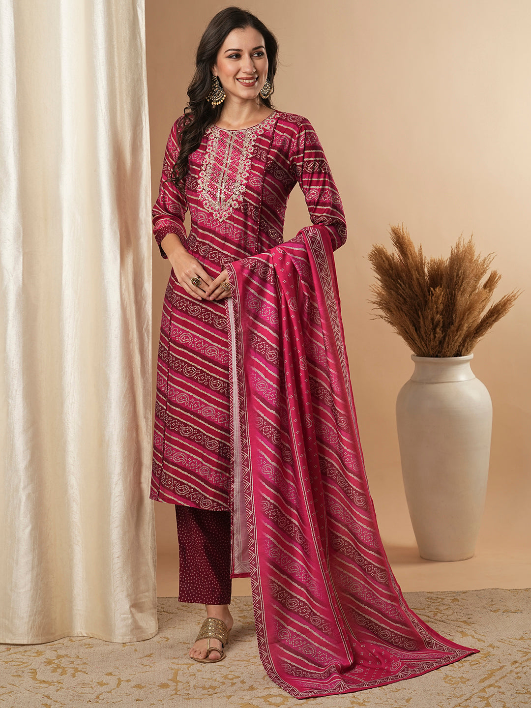 Bandhani Printed & Embroidered Straight Fit Kurta with Pant and Dupatta - Magenta