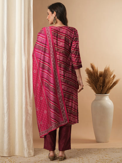 Bandhani Printed & Embroidered Straight Fit Kurta with Pant and Dupatta - Magenta