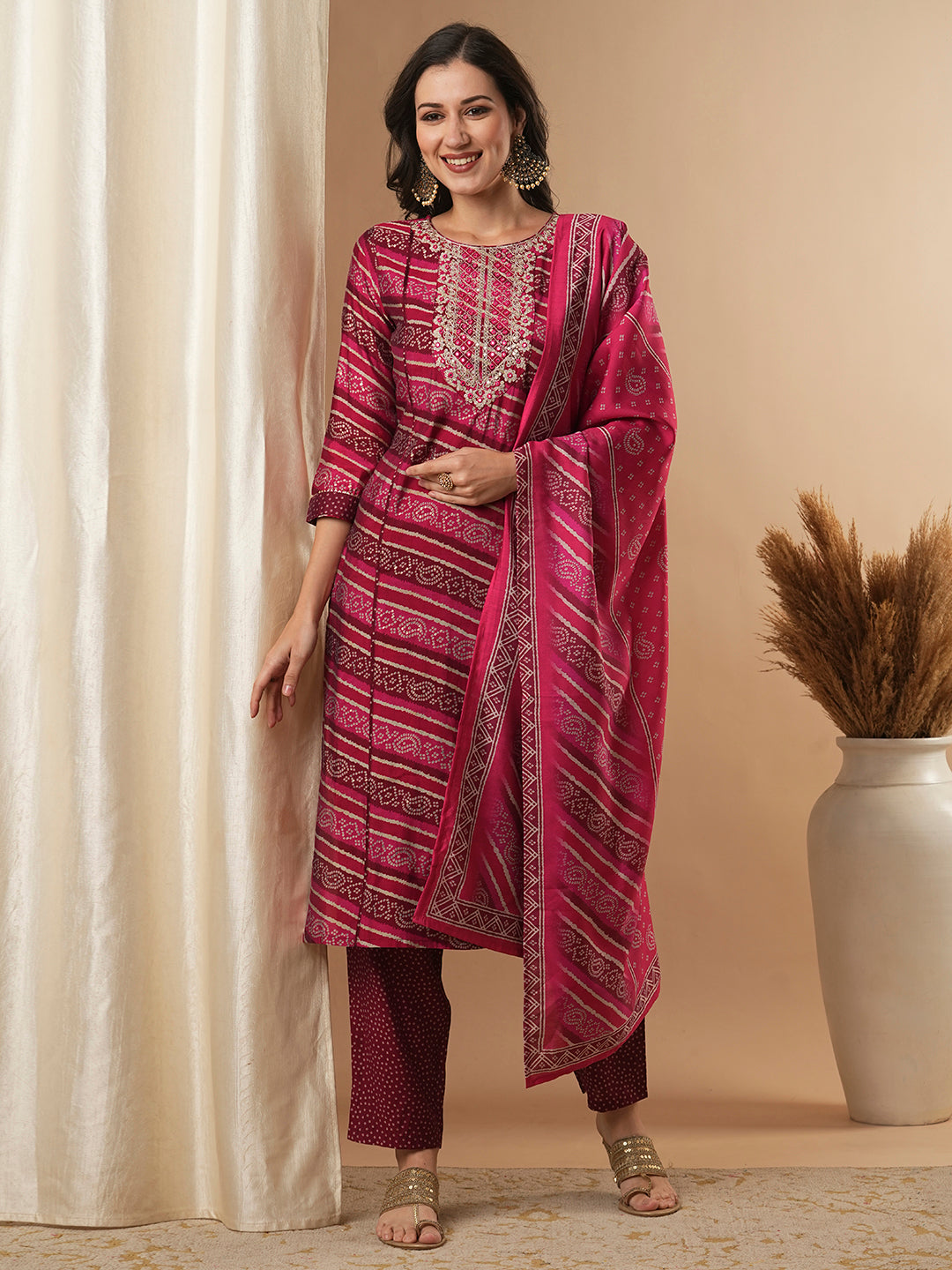 Bandhani Printed & Embroidered Straight Fit Kurta with Pant and Dupatta - Magenta