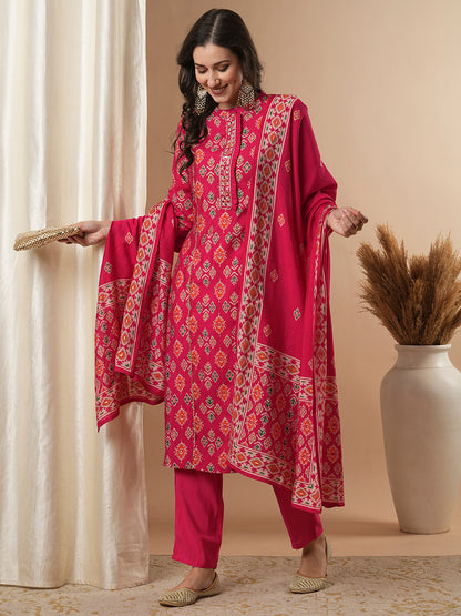 Ikat Printed & Embroidered Straight Fit Kurta with Pant & Dupatta - Pink