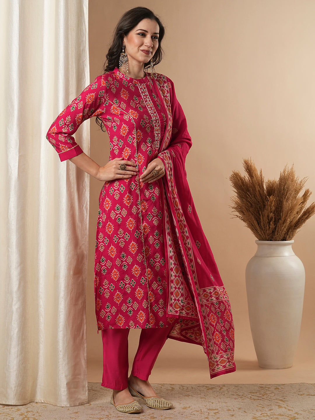 Ikat Printed & Embroidered Straight Fit Kurta with Pant & Dupatta - Pink