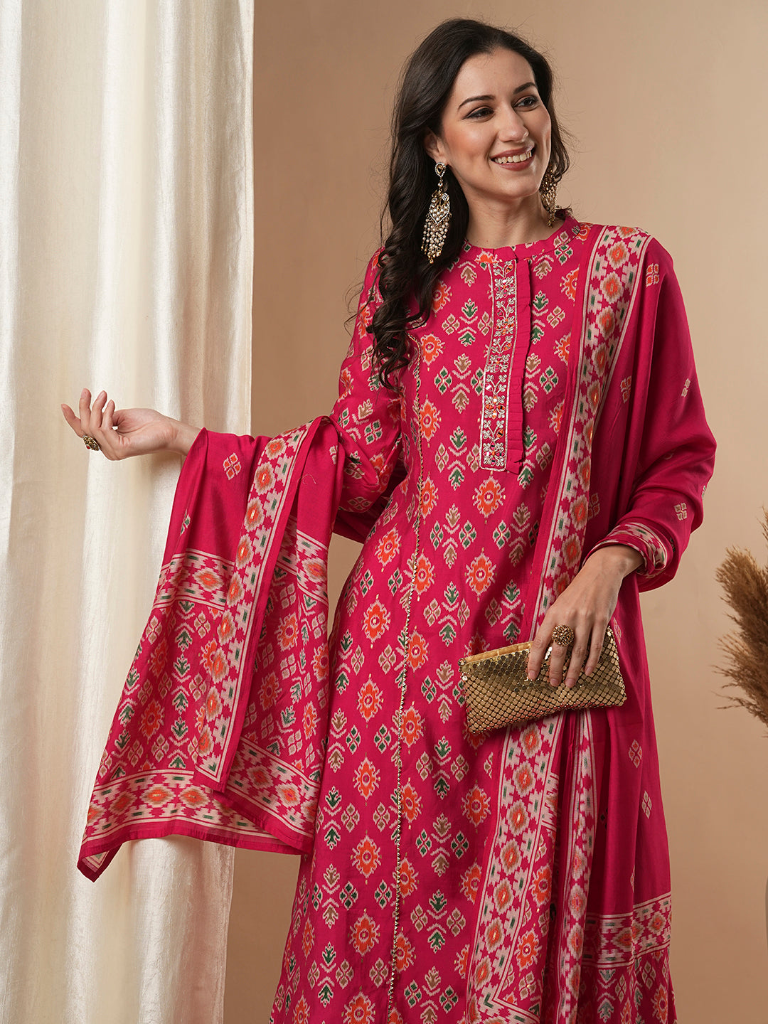 Ikat Printed & Embroidered Straight Fit Kurta with Pant & Dupatta - Pink