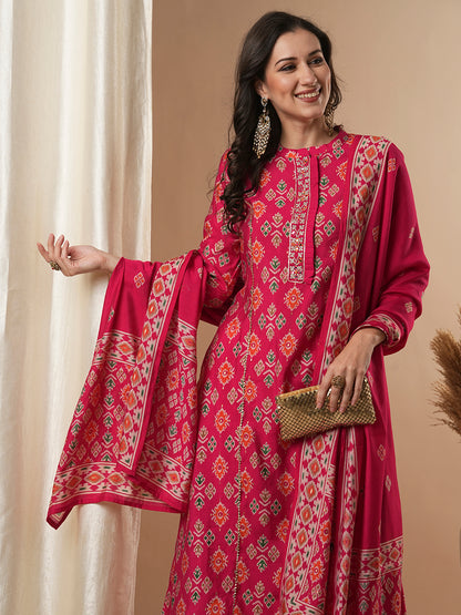 Ikat Printed & Embroidered Straight Fit Kurta with Pant & Dupatta - Pink