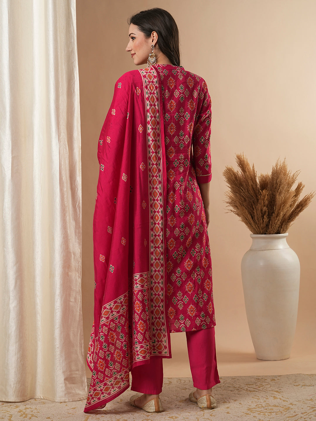 Ikat Printed & Embroidered Straight Fit Kurta with Pant & Dupatta - Pink