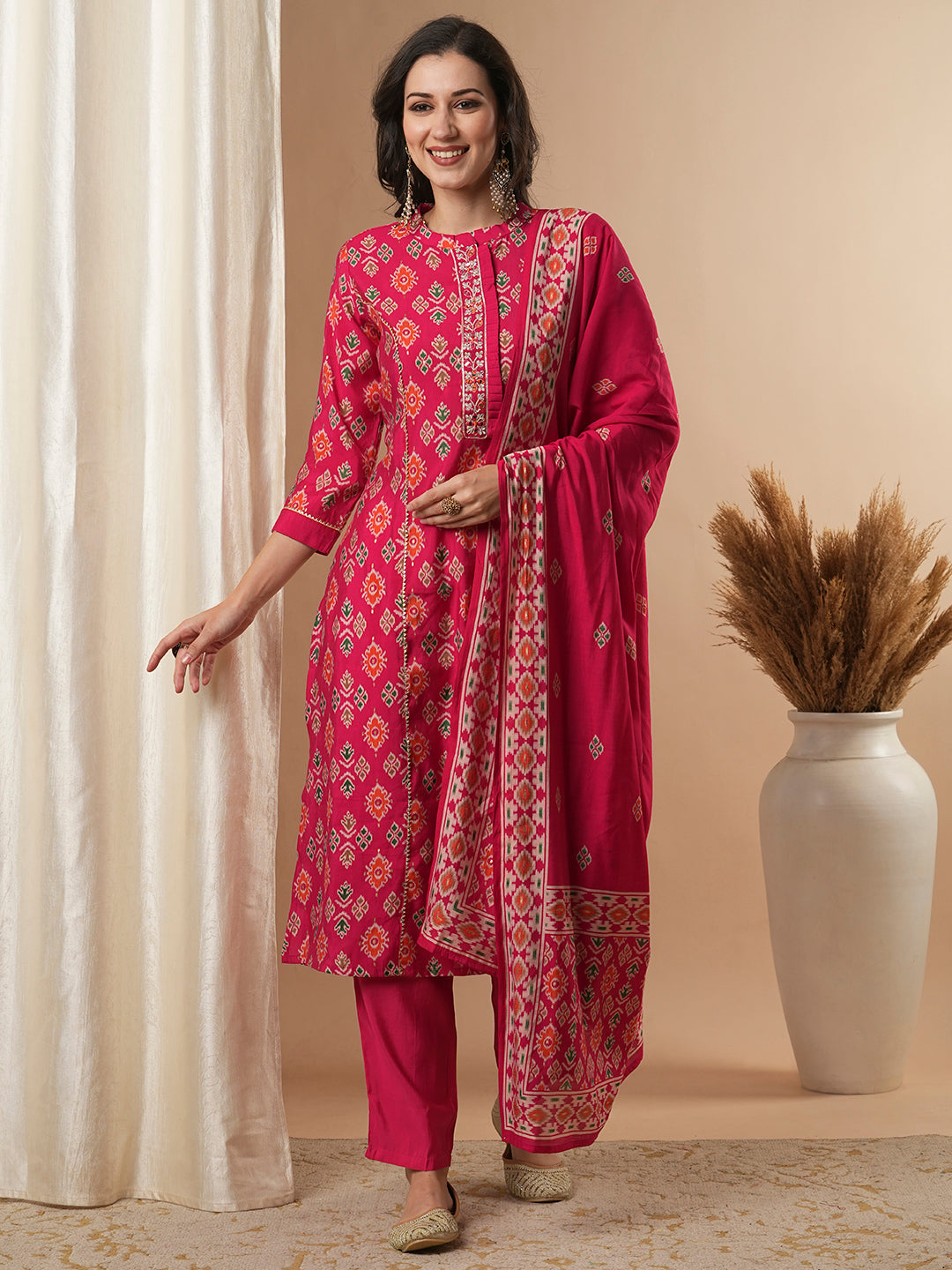 Ikat Printed & Embroidered Straight Fit Kurta with Pant & Dupatta - Pink