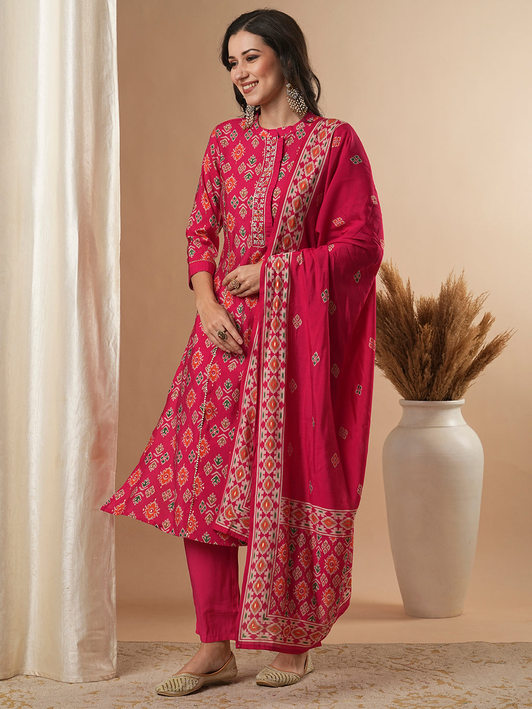 Ikat Printed & Embroidered Straight Fit Kurta with Pant & Dupatta - Pink