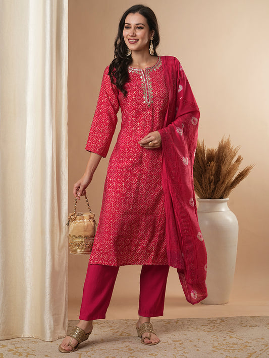 Bandhani Printed & Gota Patti Embroidered Straight Fit Kurta with Pant and Dupatta - Pink