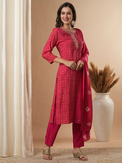 Bandhani Printed & Gota Patti Embroidered Straight Fit Kurta with Pant and Dupatta - Pink