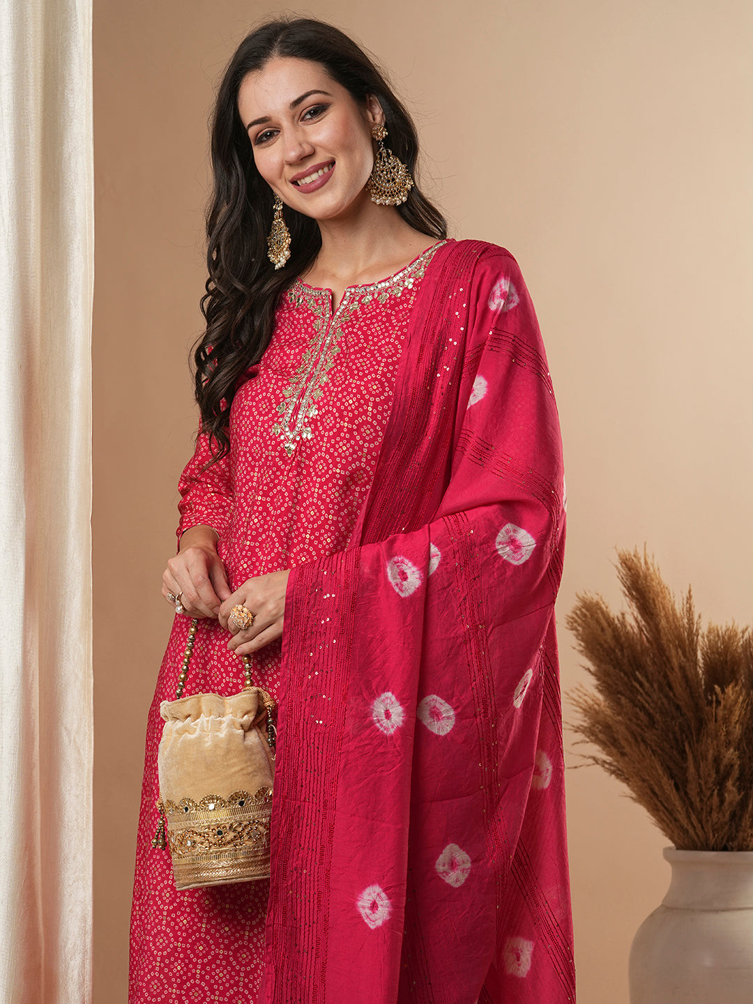 Bandhani Printed & Gota Patti Embroidered Straight Fit Kurta with Pant and Dupatta - Pink